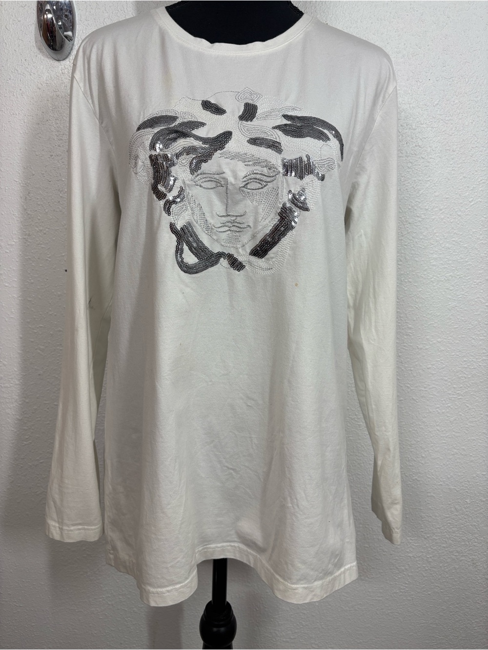 RARE❗️Gianni Versace Medusa Sequin Embroidered Long Sleeve Top Ivory XL